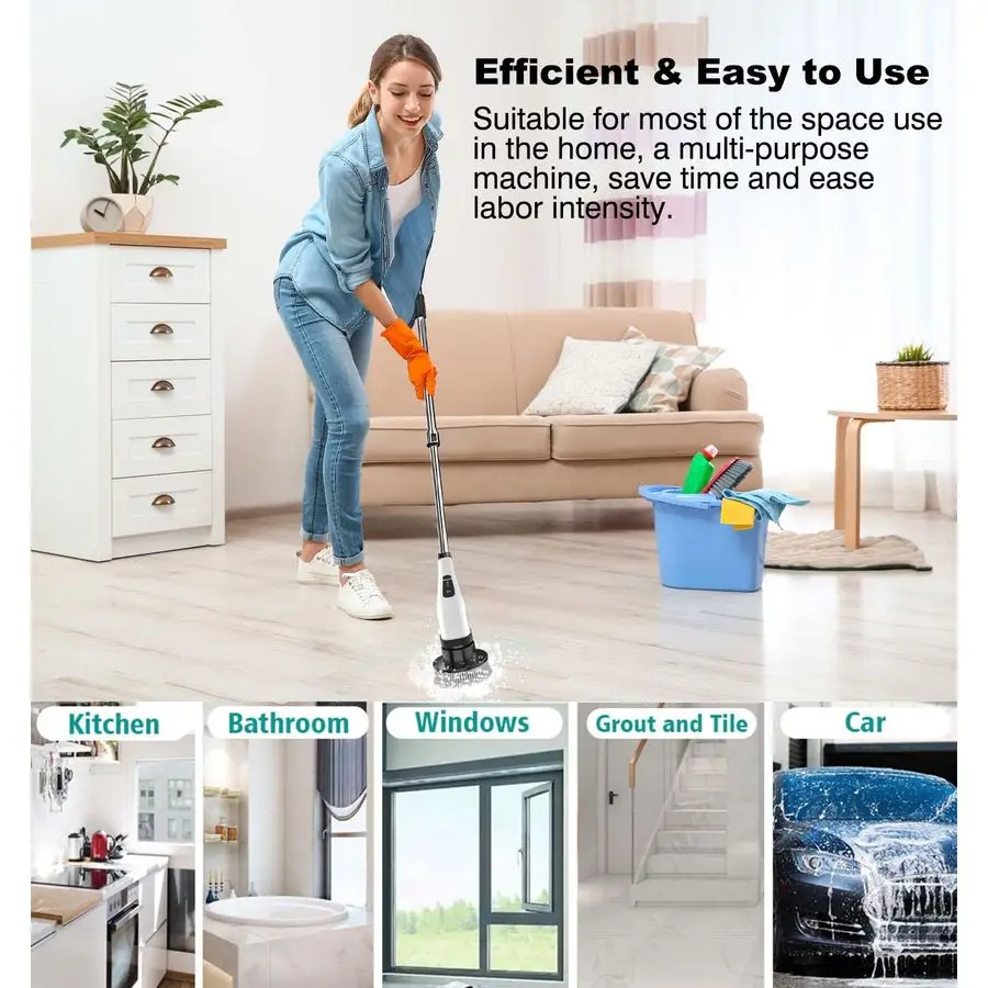 فرشاة تنظيف دوارة كهربائية، فرشاة تنظيف قابلة لإعادة الشحن بمقبض قابل للسحب مع 7 رؤوس فرشاة قابلة للاستبدال، قوة لاسلكية