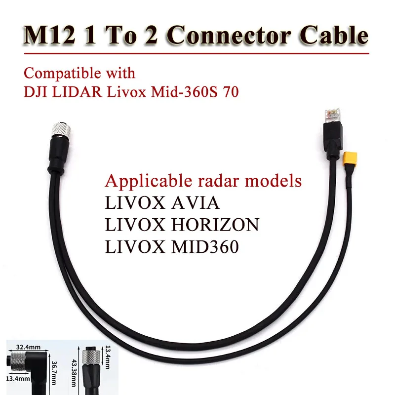 M12 1 To 2 Mid-360S Mid-70 High-Flex Power Network Cable Compatible with DJI Livox LiDAR DC Male/Female XT60 Male Waterproof