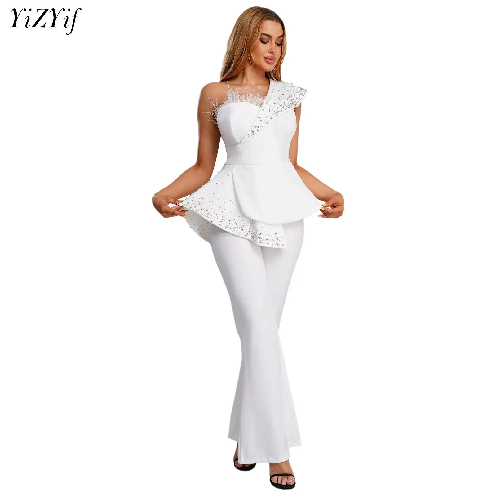 

Womens Elegant Wedding Party Jumpsuit Shiny Beads One Shoulder High Waist Rompers Club Evening Banquet Birthday Formal Bodysuit