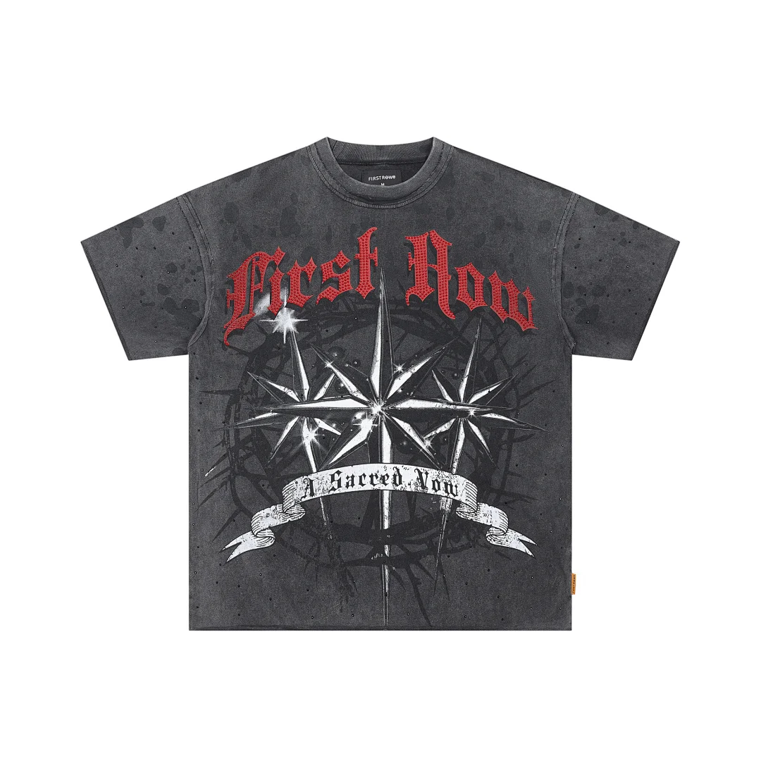 Vintage Black Rhinestone Tee Men FIRST ROW Thorn Star Print T-shirt Retro Y2K Gothic Streetwear Loose Crew Neck Shirts Unisex