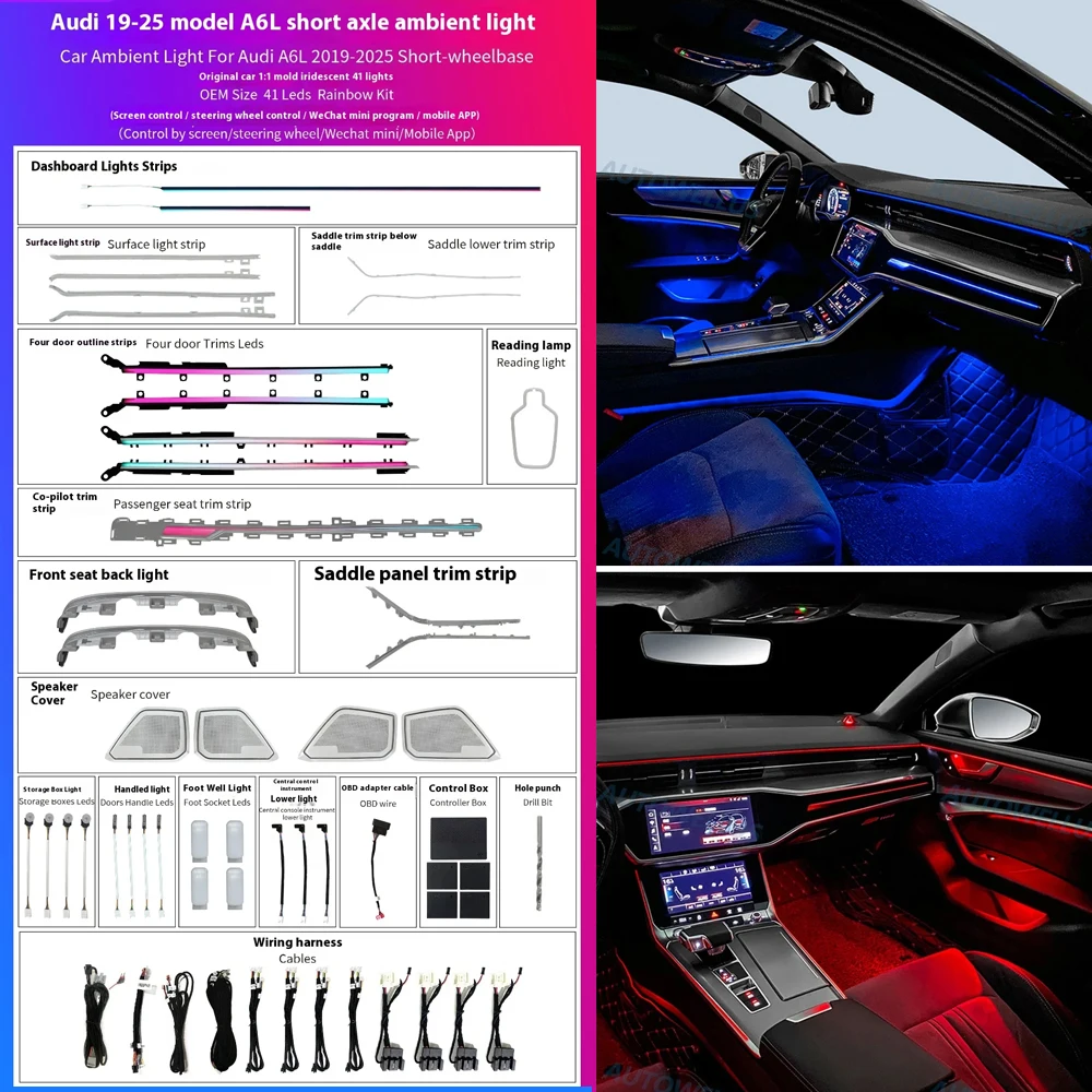 Auto LED Ambient Light for Audi A6 A7 C8 2019-2025 Short-wheelbase  64 color dynamic Atmosphere door Panel Lights  APP control