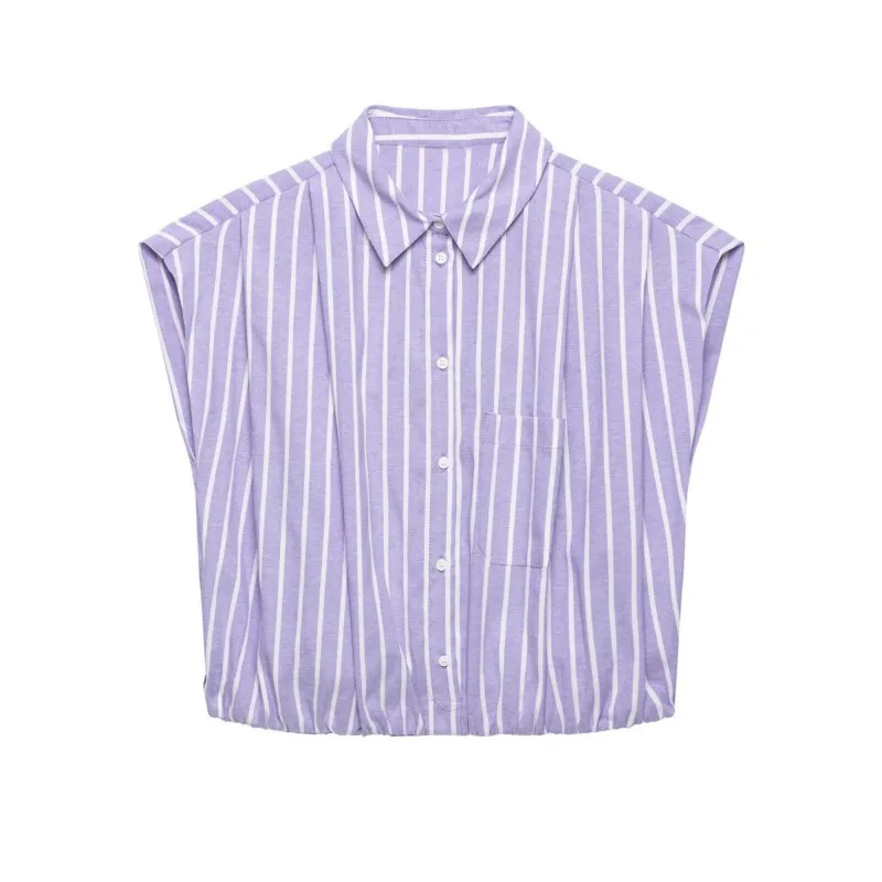 Women's Striped Short Shirts New 2026 Spring Summer Women Simple Sleeveless Puffed Hem Shirts & Blouses Female Chic Tops