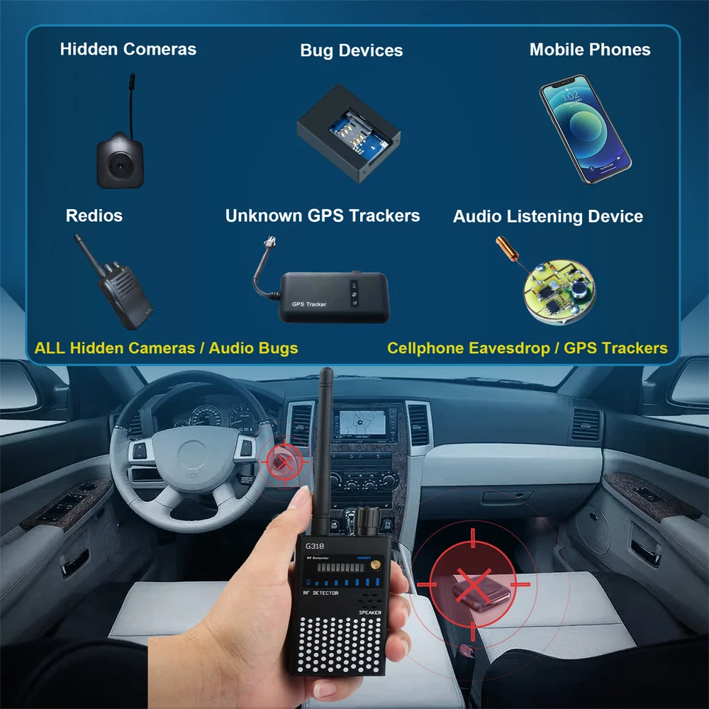Anti Candid-Detector RF Wireless Signal Detector Anti Wiretap Spy-Camera Finder Eavesdropping Audio Gsm Gps Tracker Bug Scanner