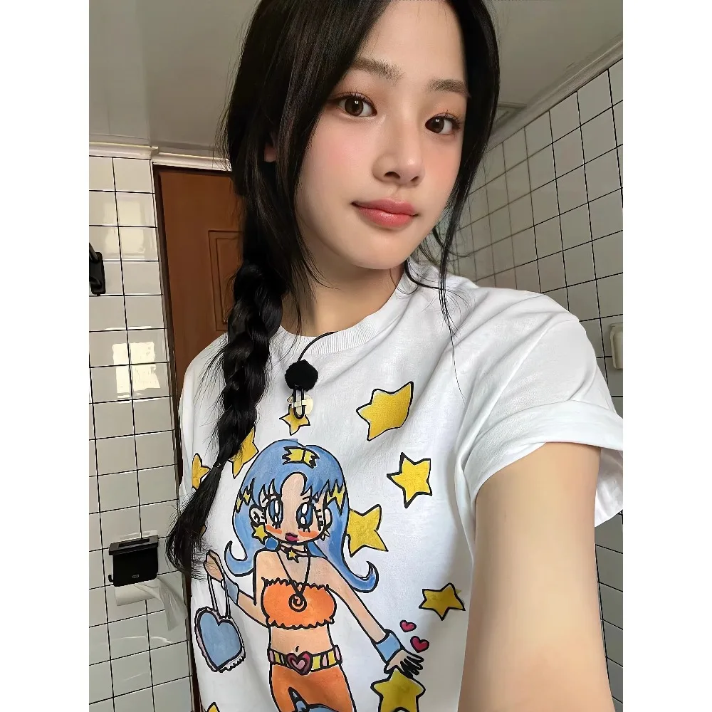 

REOY STUDIONewJeans футболка из чистого хлопка Ort Sve для маленьких девочек с принтом звезд, корейский свободный летний топ