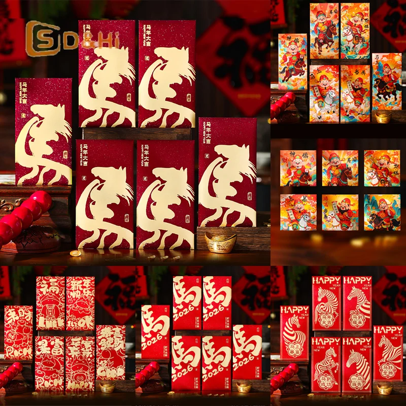 

6Pcs/set Chinese Horse Year Red Envelopes Creative Spring Festival Red Packet Cartoon Lucky Money Pockets New Year Gifts