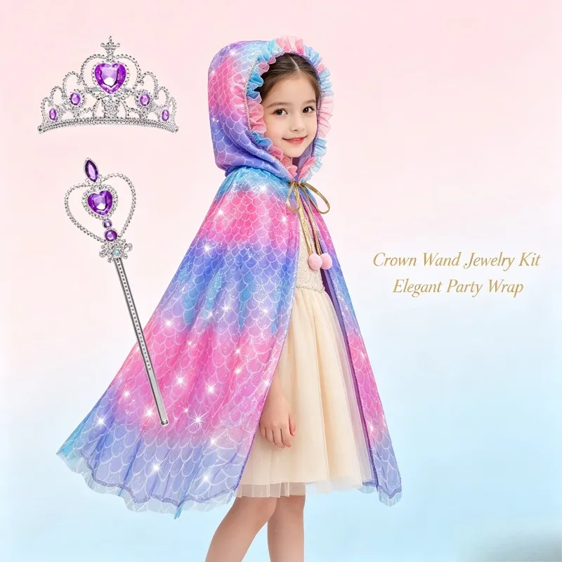 Pink Blue Hooded Glitter Tulle Princess Cape Set Crown Snowflake Magic Wand Jewelry Kit Holiday Birthday Decor Accessory Gift