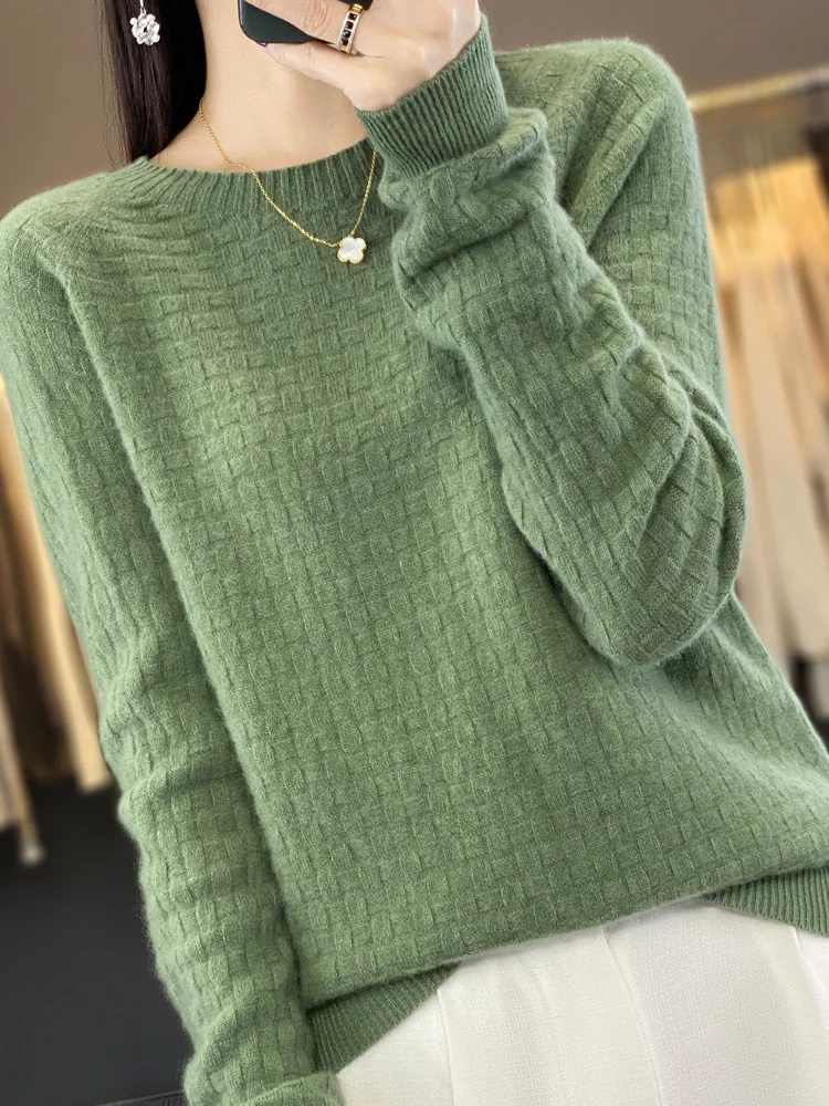 Pull en laine australienne pour femme, pull à col rond, pull à carreaux avec beaucoup de gaufre, pull basique, haut à la mode, automne et hiver 100%