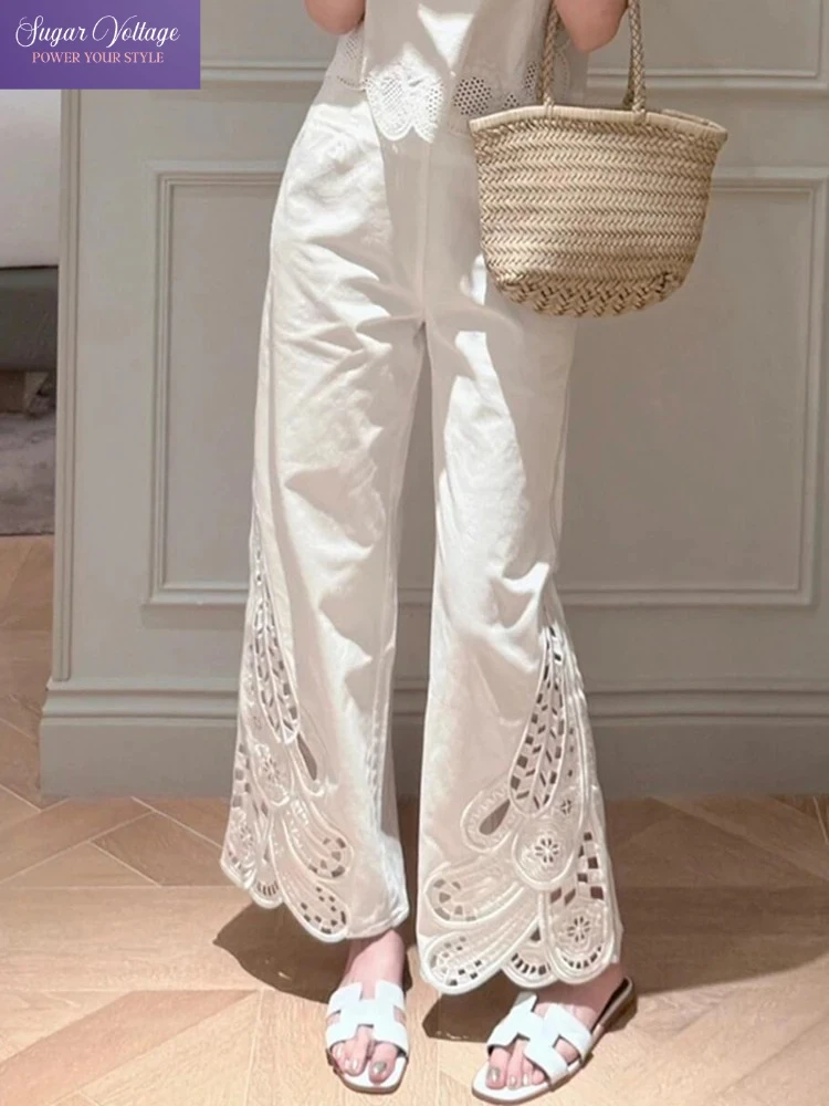 

French Elegan Casual Embroidered Flared Women's White Heavy-duty Crochet Wide Leg Pants Female Summer Korean Fashion Streetwear