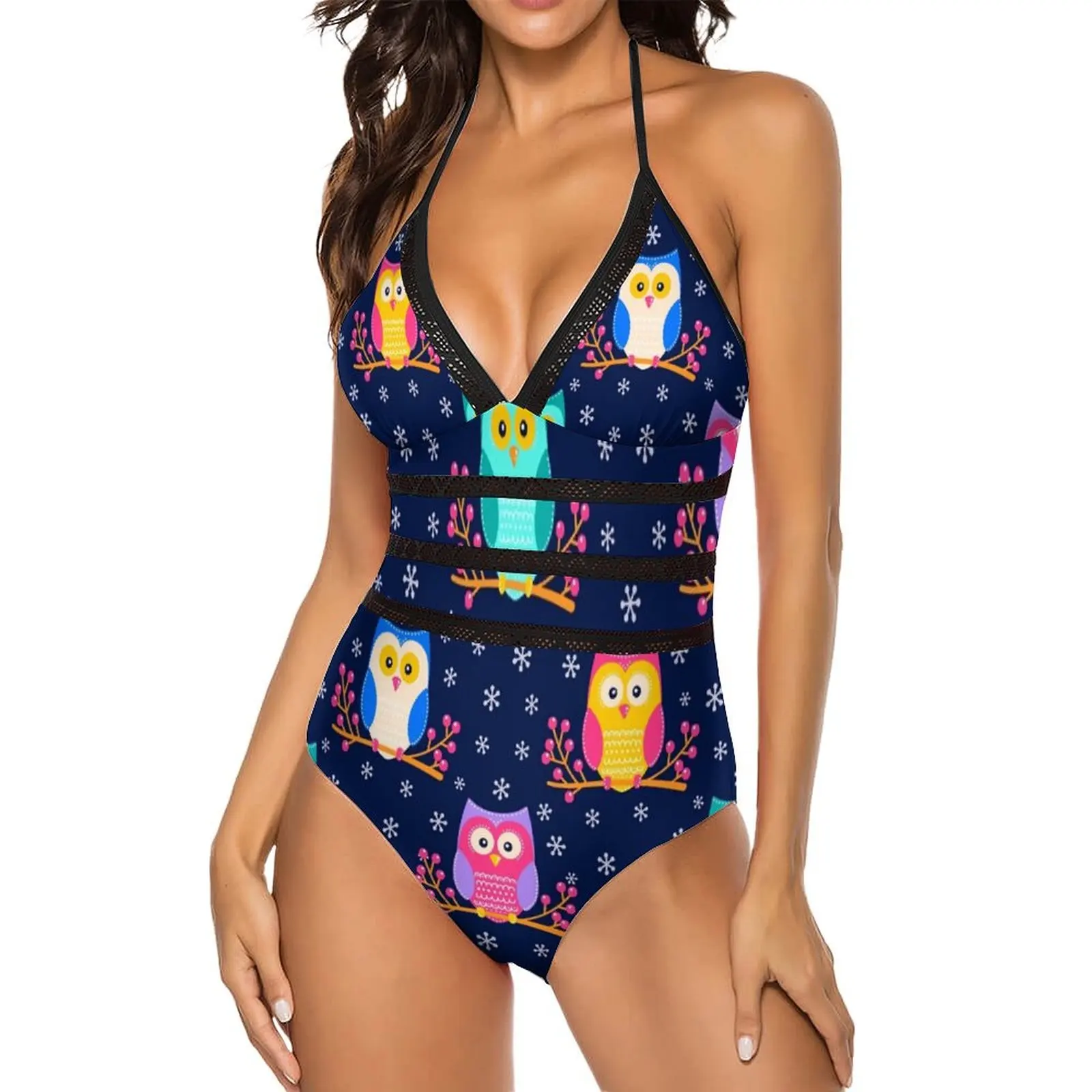 Owl Brunch Swimsuit Sexy Colorful Animal Print Lace Up Swimwear One Piece Fantasy Swimsuits Fitness Push Up Bathing Suits