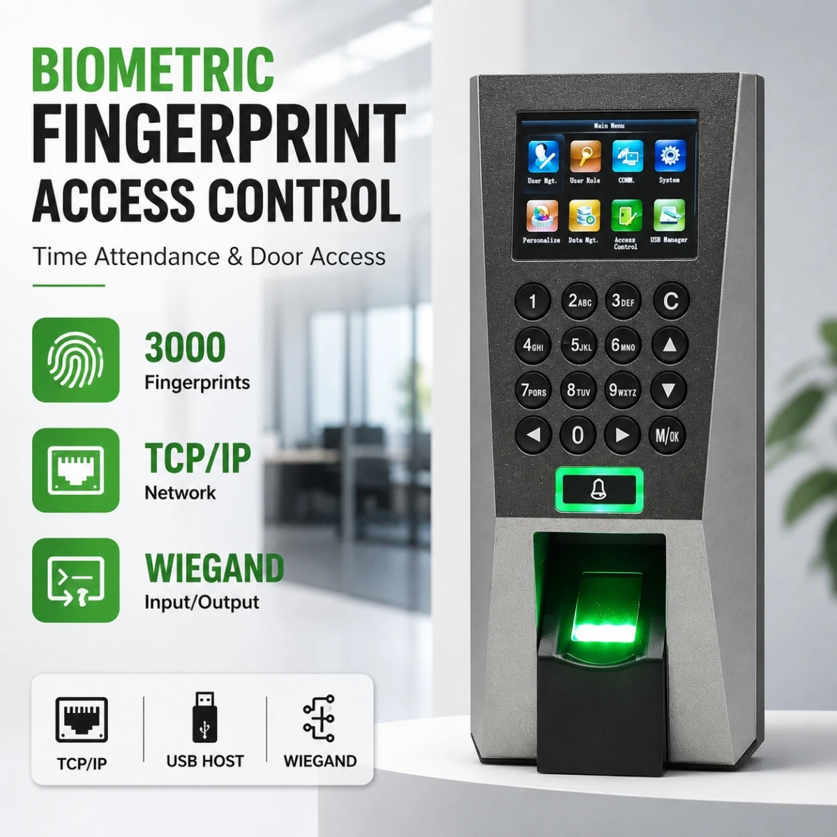 Dispositivo de Controle de Acesso por Impressão Digital F18, Terminal Biométrico de Acesso à Porta, Cartão RFID, Senha, TCP/IP, Wiegand, USB, Controle de Ponto