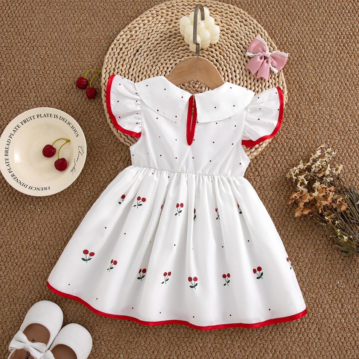 Summer Cherry Polka Dot Infant Girl Dress Cute Doll Collar Batwing Sleeved Bow Dress