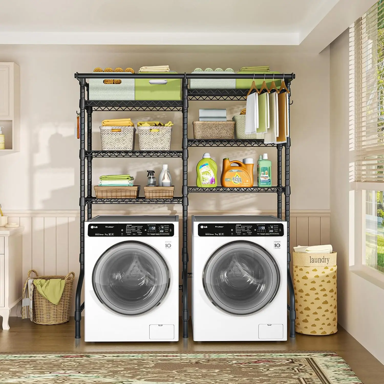 Laundry Standing Shelf 6 Tiers Space Saver Storage Organizer With 2 Hanger Rods Clothes Drying Rack For Washer Dryer Over Unit