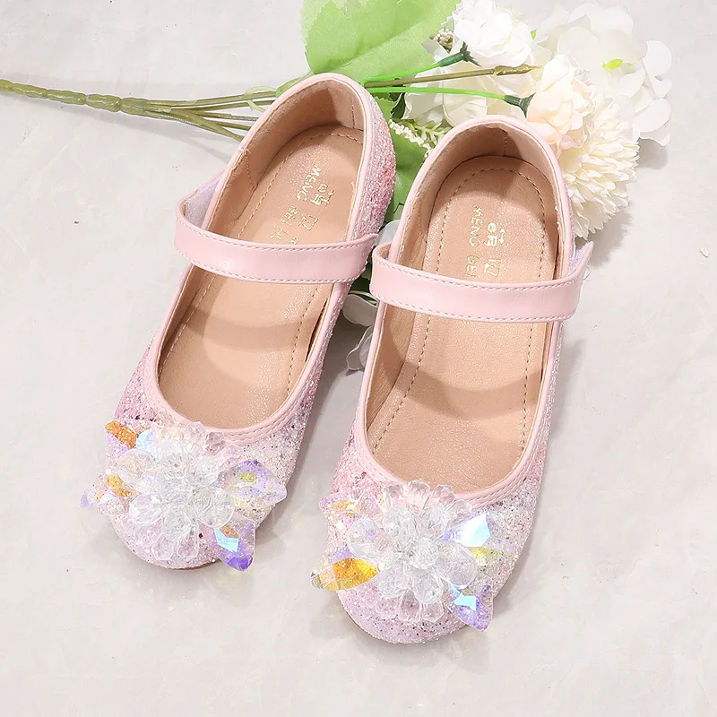Diamond Flower Girls Flat Heels Kids Princess Leather Shoe Crystal Glitter Children's Dress Party Wedding Footwear Round Toe 3CM