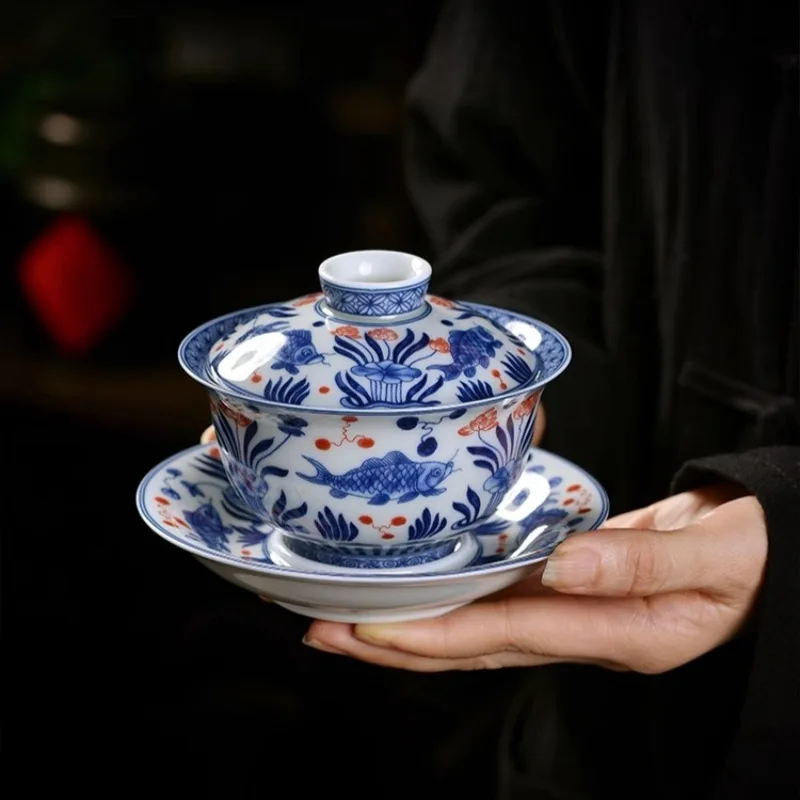 Jingdezhen Blue and White Fish Algae Pattern Gaiwan Non-Scald Tea Brewing Bowl Household Porcelain Kung Fu Set Suit Large