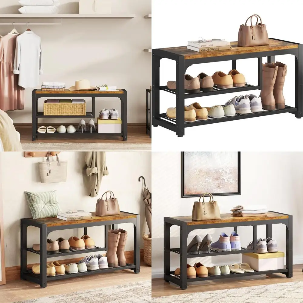 

Промышленная трехъярусная скамья для хранения обуви, 31,5 прихожей с сетчатыми полками, коричневый в деревенском стиле для входной двери