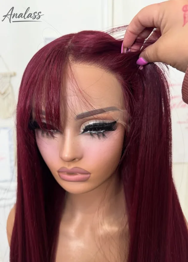 99J Burgundy Red Bone Straight Lace Front Wig With Bangs 13x4 HD Pre Plucked Glueless Synthetic