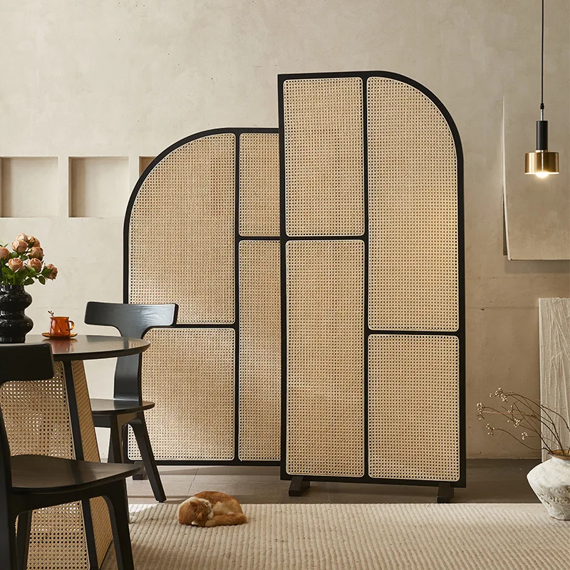 Solid wood rattan woven screen combination, creative partition wall for small living rooms, movable minimalist base screen