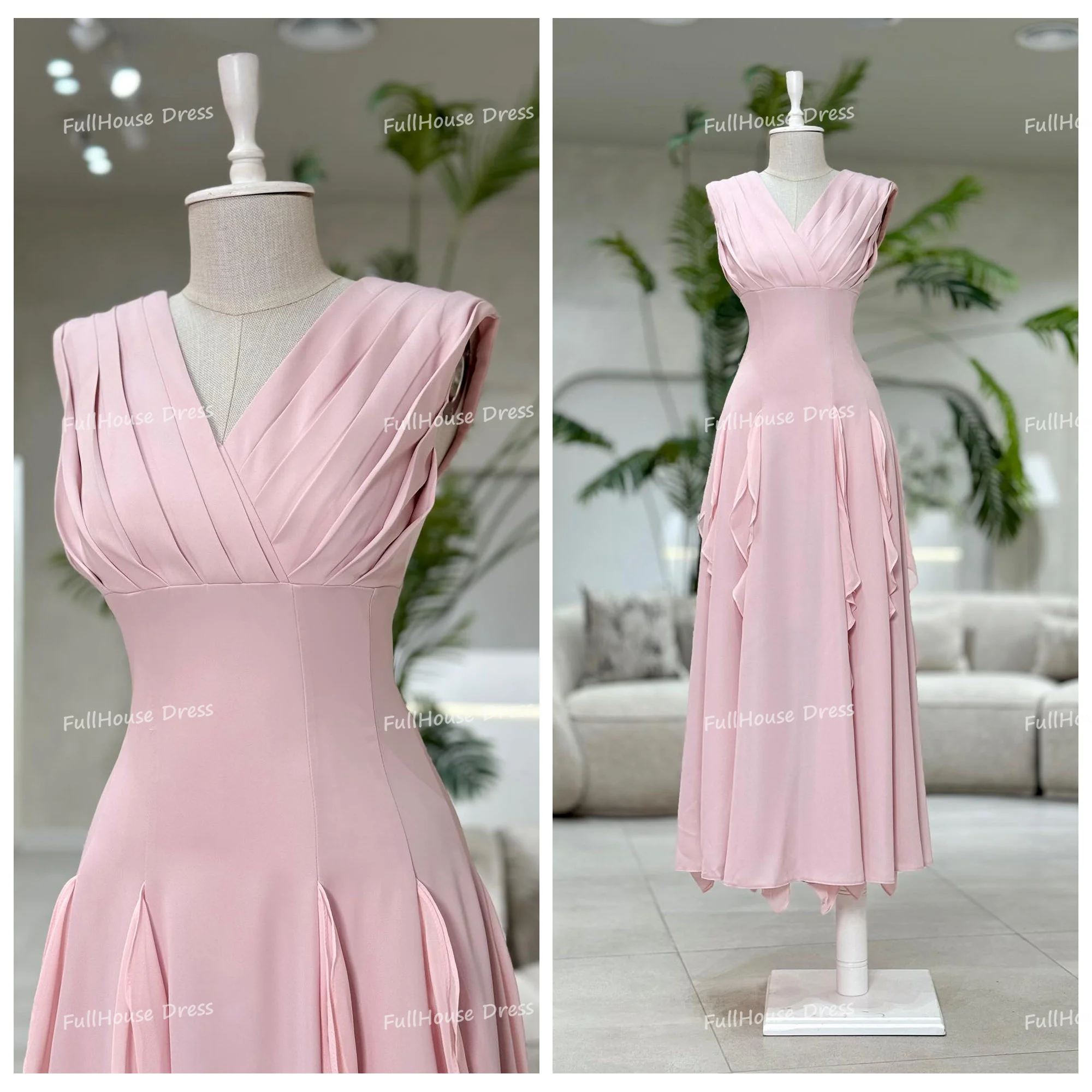 

Custom Made Pink V-neck Tiered Pleated Ruffles A-line Backless Evening Dress Draped Saudi Arab Gown شارون سعيد
