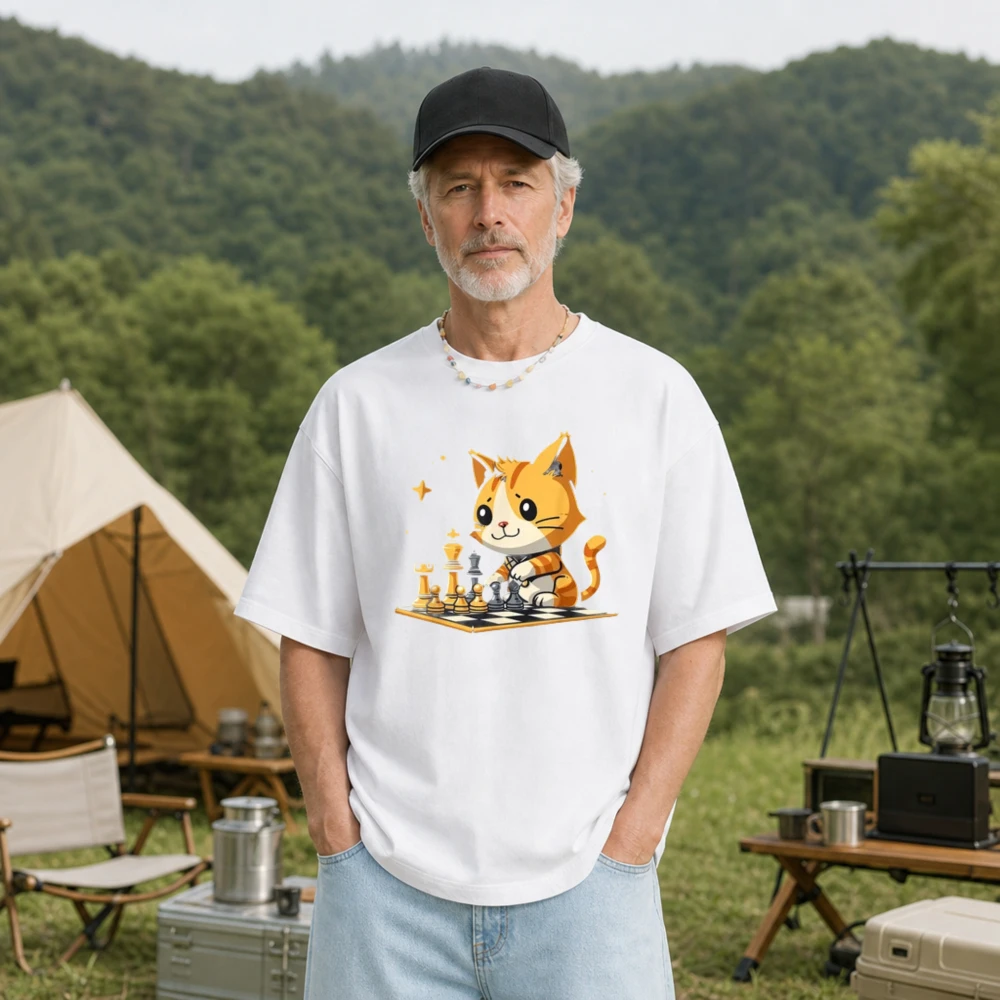 Cute Cartoon Orange Cat Playing Chess Graphic T-Shirt Cotton Crew Neck Short Sleeve  Lovely Animal Chess Board Print Unisex Tops