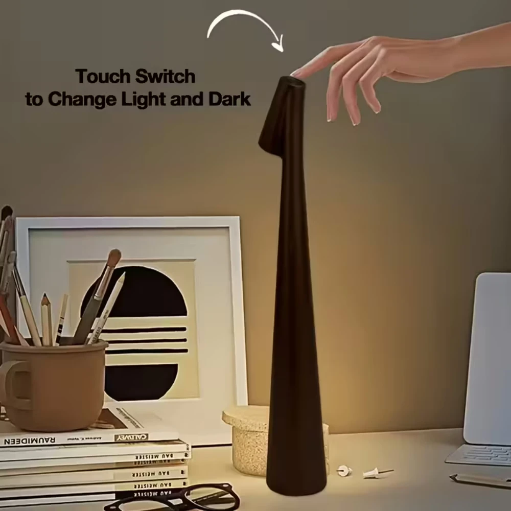 مصباح LED لاسلكي قابل لإعادة الشحن، مصباح ليلي للمكتب، مفتاح لمس، جذع مخروطي أنيق ونحيف، مصباح قراءة فريد محمول قابل للتعتيم