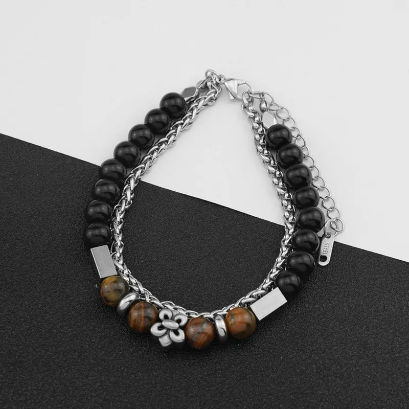Men's Black Obsidian Beaded Bracelet Fortune Bead Lucky Charm Handmade Premium Trendy Elegant Jewelry Gift for Men