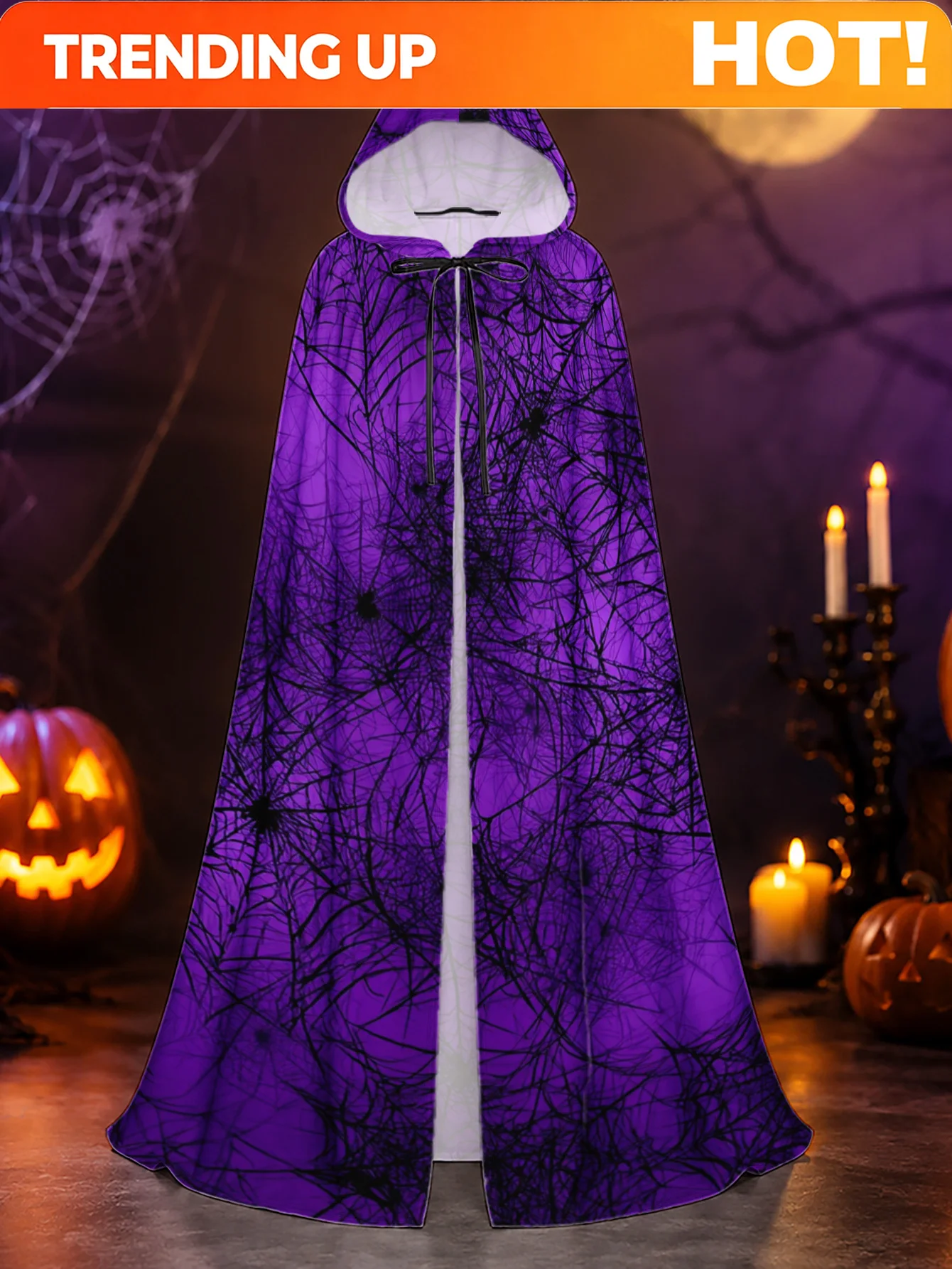 Customization 1pc, Adult Hooded Cloak In Purple Background With Black Spider Webs Design, Polyester Cape For Halloween Haunted N