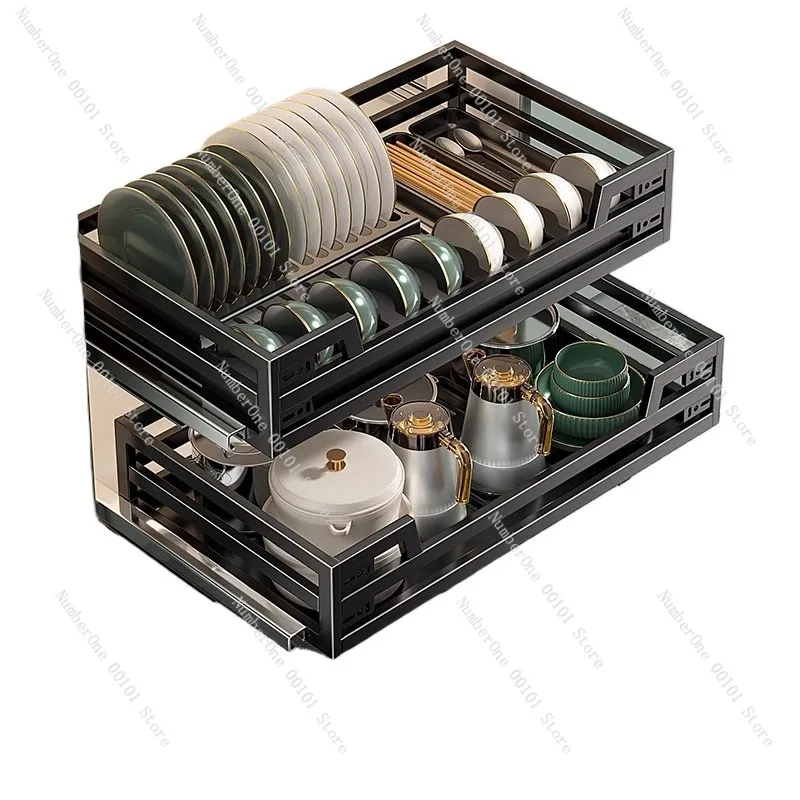 Kitchen Cabinet Pull-Out Basket, Double-Layer 304 Stainless Steel Drawer Bowl Rack, Dish and Tableware Storage Organizer Shelf