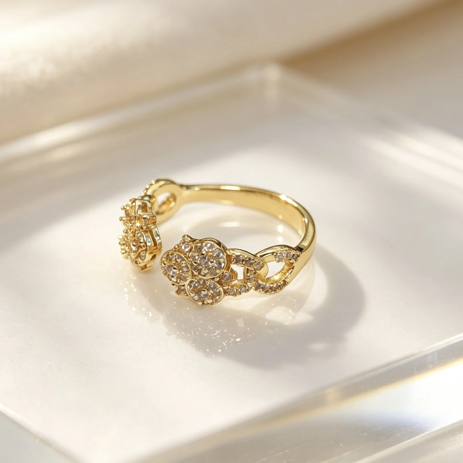 Elegant Twin Flower Adjustable Open Ring, Trendy Inlaid Decor Finger Band for Dating & Stacked Matching