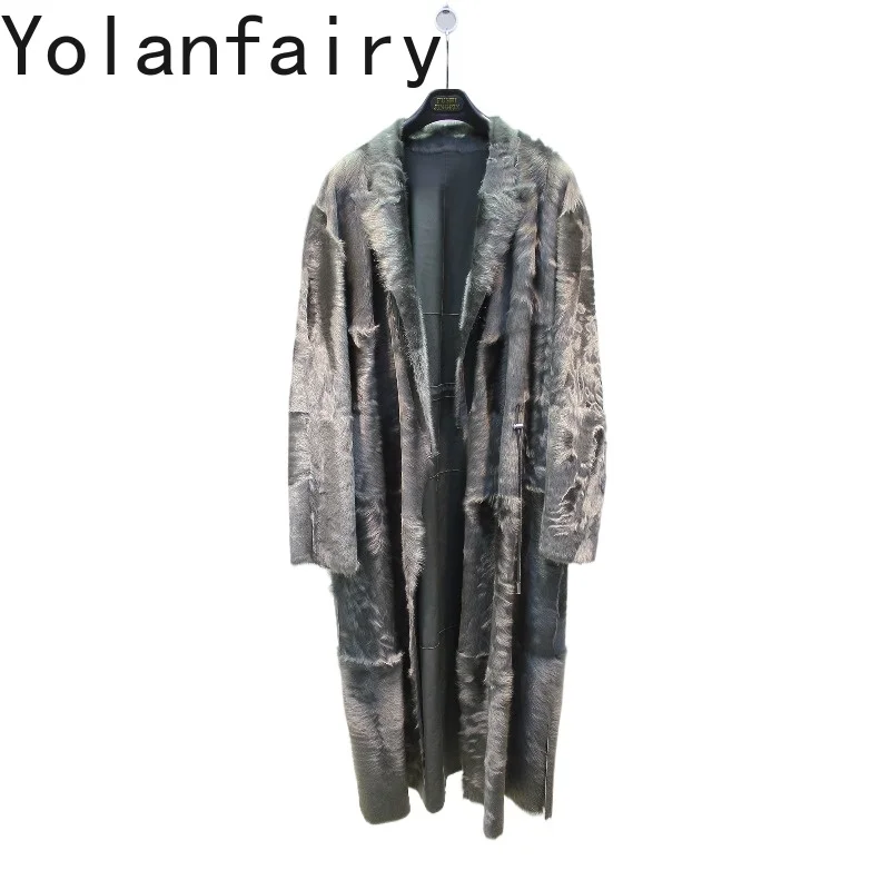 Yolanfaiar Abrigo de Invierno de Lujo para Mujer, Piel de Oveja Integrada, Abrigo de Piel Natural de Alta Gama, Elegante Abrigo Largo