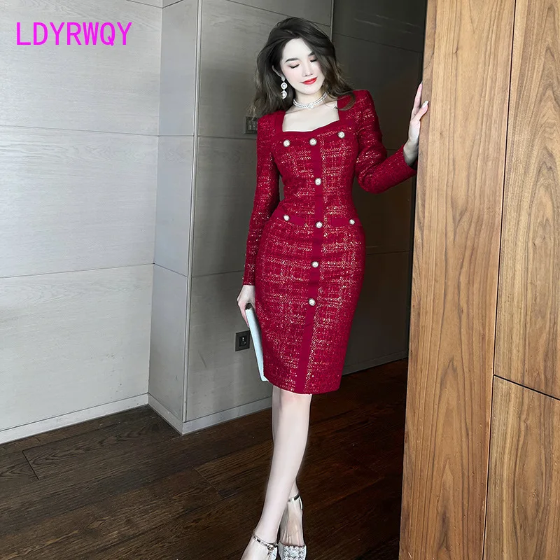 

Spring 2022 new light luxury style square neck trim butt tweed plaid dress Office Lady Zippers