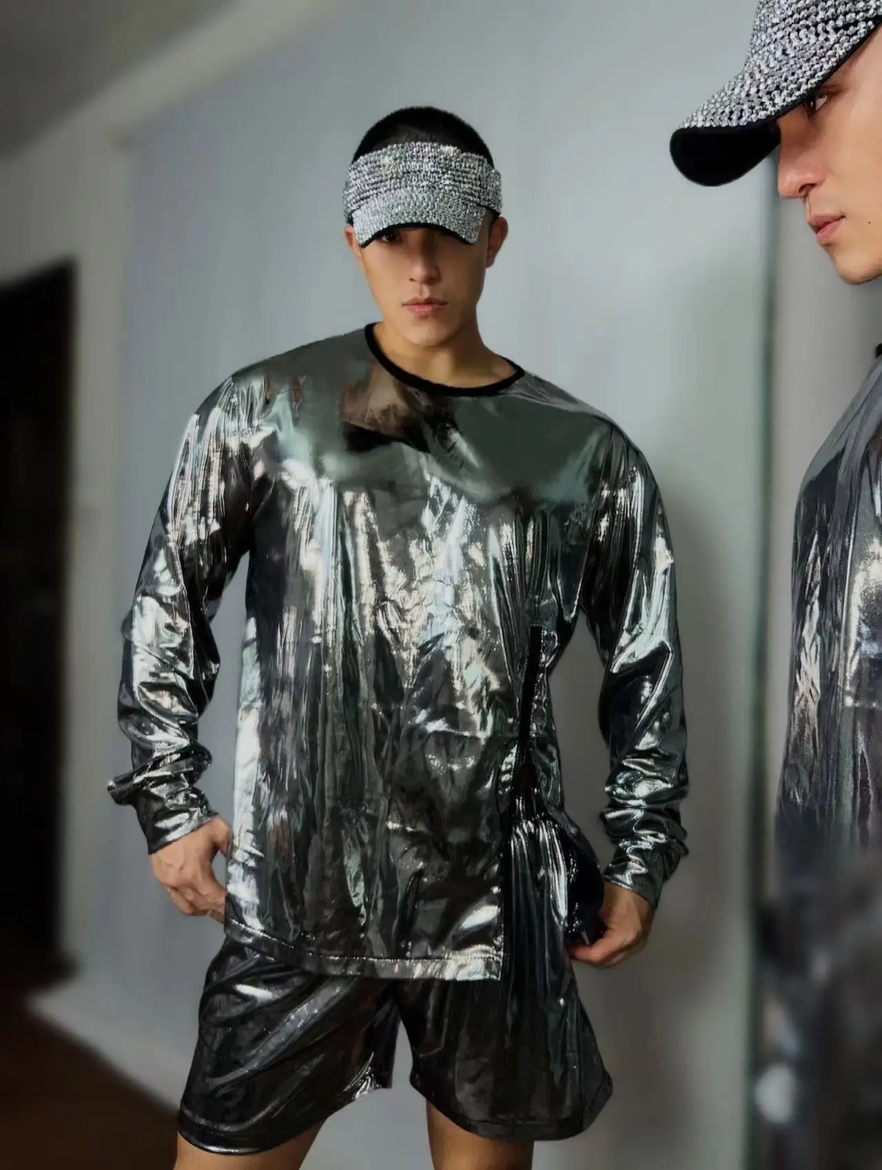 Men's Grey Silver Future Hoodies set Party Stage Performance Clothing Nightclub Bar Male DJ Singer GOGO Dance Costumes