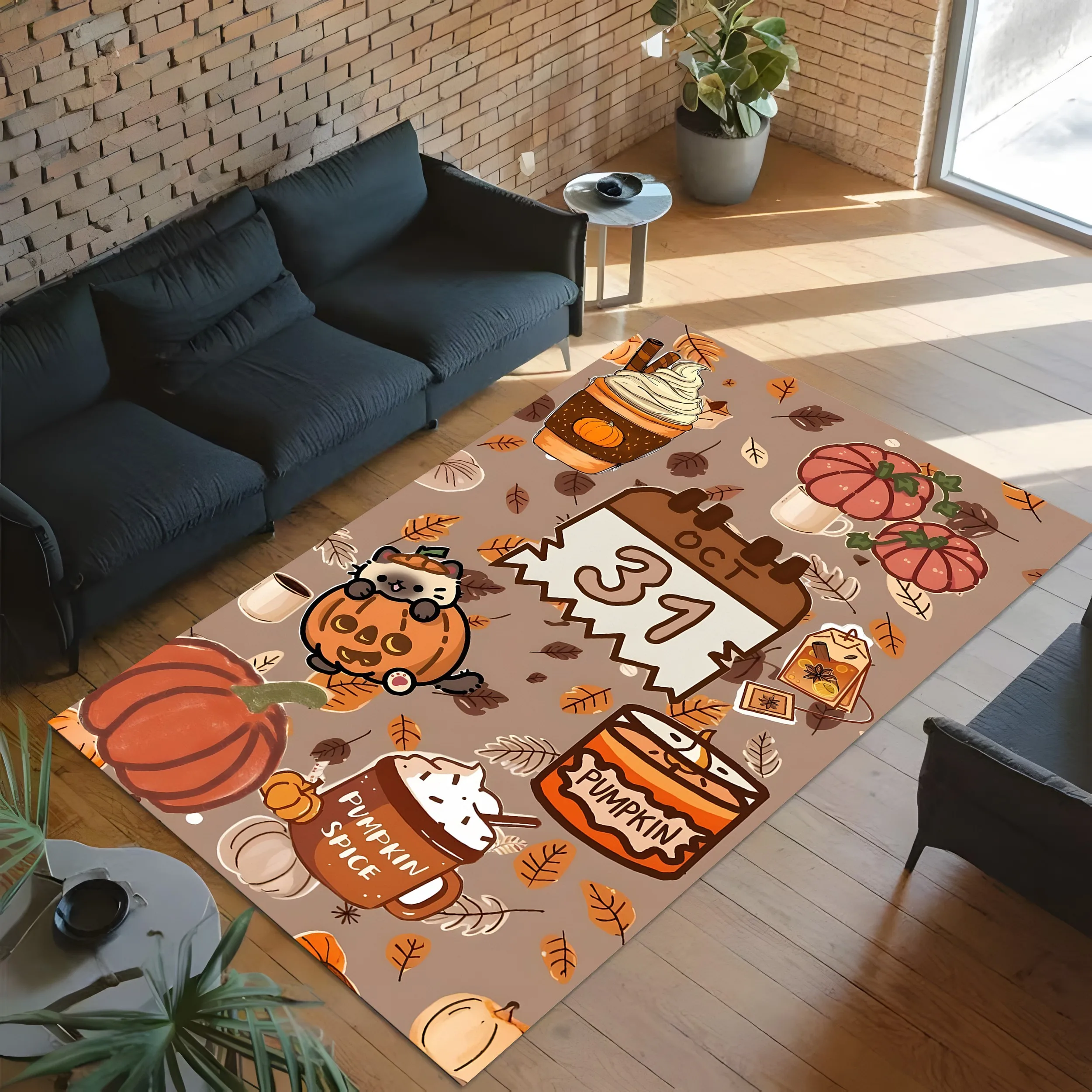 Velvet All-Over Pumpkin Leaf Print 2D Rug for Living Room and Bedroom, Autumn/Winter Warm Cozy