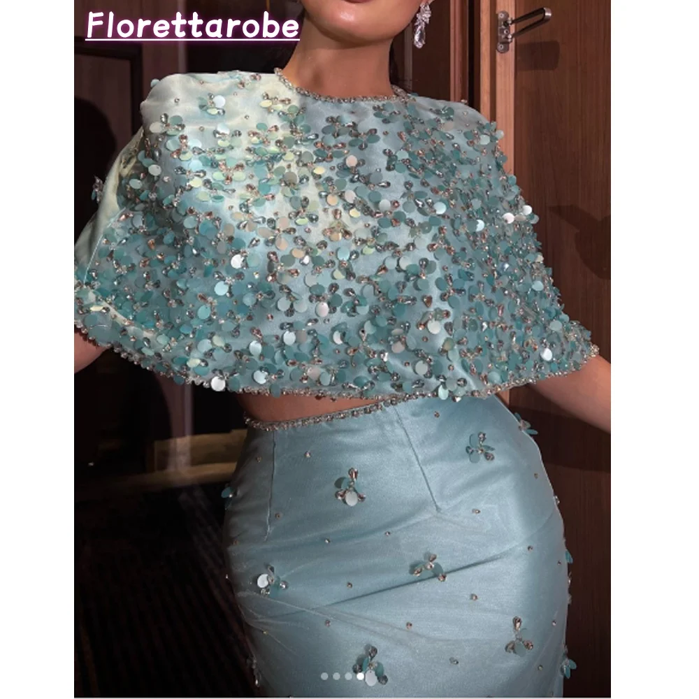 Florettarobe Sparkly Beads Satin Ruched Clubbing Two-Piece Set Long Seleeves Bespoke Occasion Gown Midi Dresses Customized