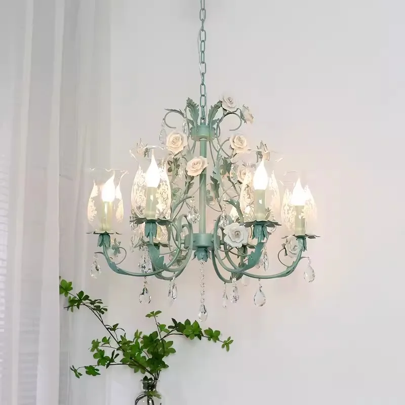 French Romantic Flower Crystal Chandeliers Green Bouquet Flower Lamps LED Nordic Retro Bedroom Living Room Girl Room Chandelier