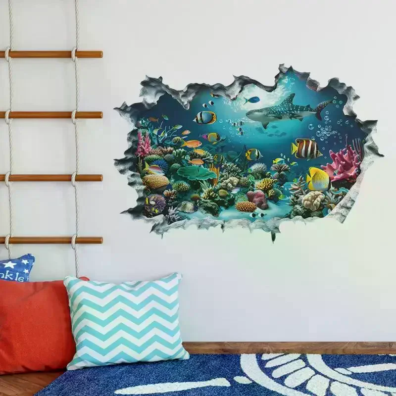 3D Wall Stickers Shark Broken Wall Aquarium Ocean Wall Stickers For Kids Room Bathroom Kitchen Home Decor