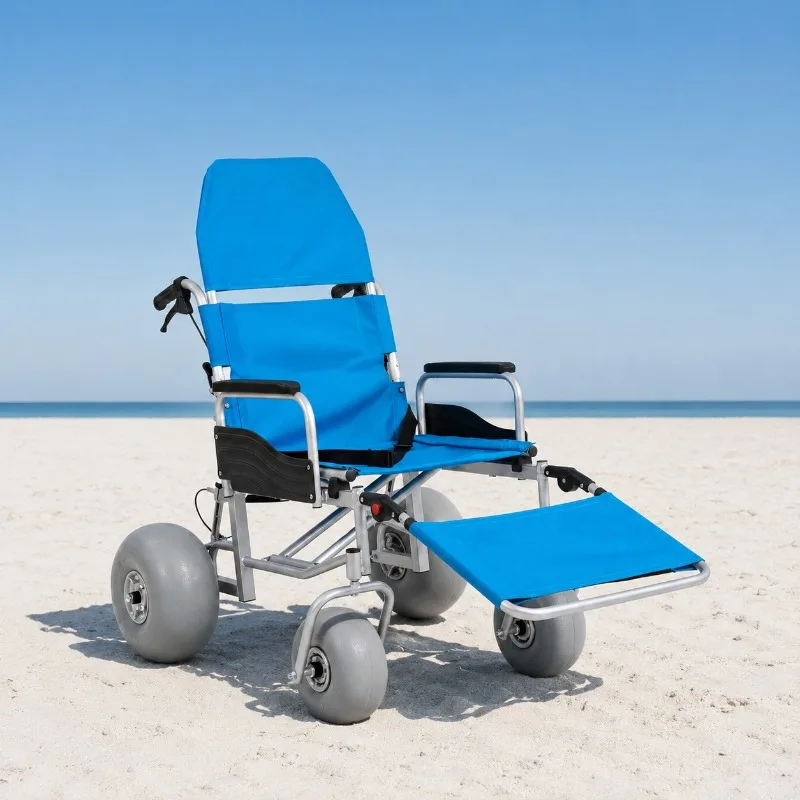 Beach wheelchair PU inflatable wheel backrest carbon steel structure barrier-free access beach outdoor wheelchair