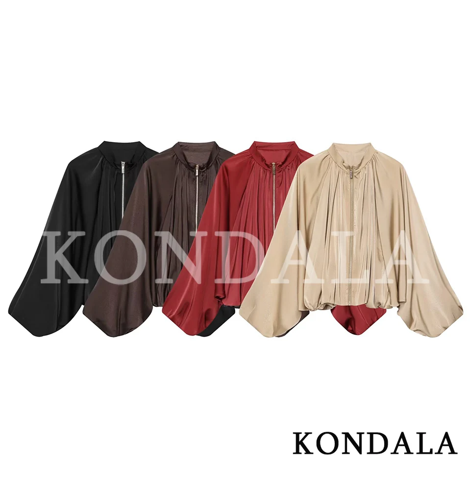 KONDALA Women Casual Satin Bomber Jacket Trendy High Street Zip-up Jacket New 2026 Early Fall Elegant Chic Puff Sleeves Jacket