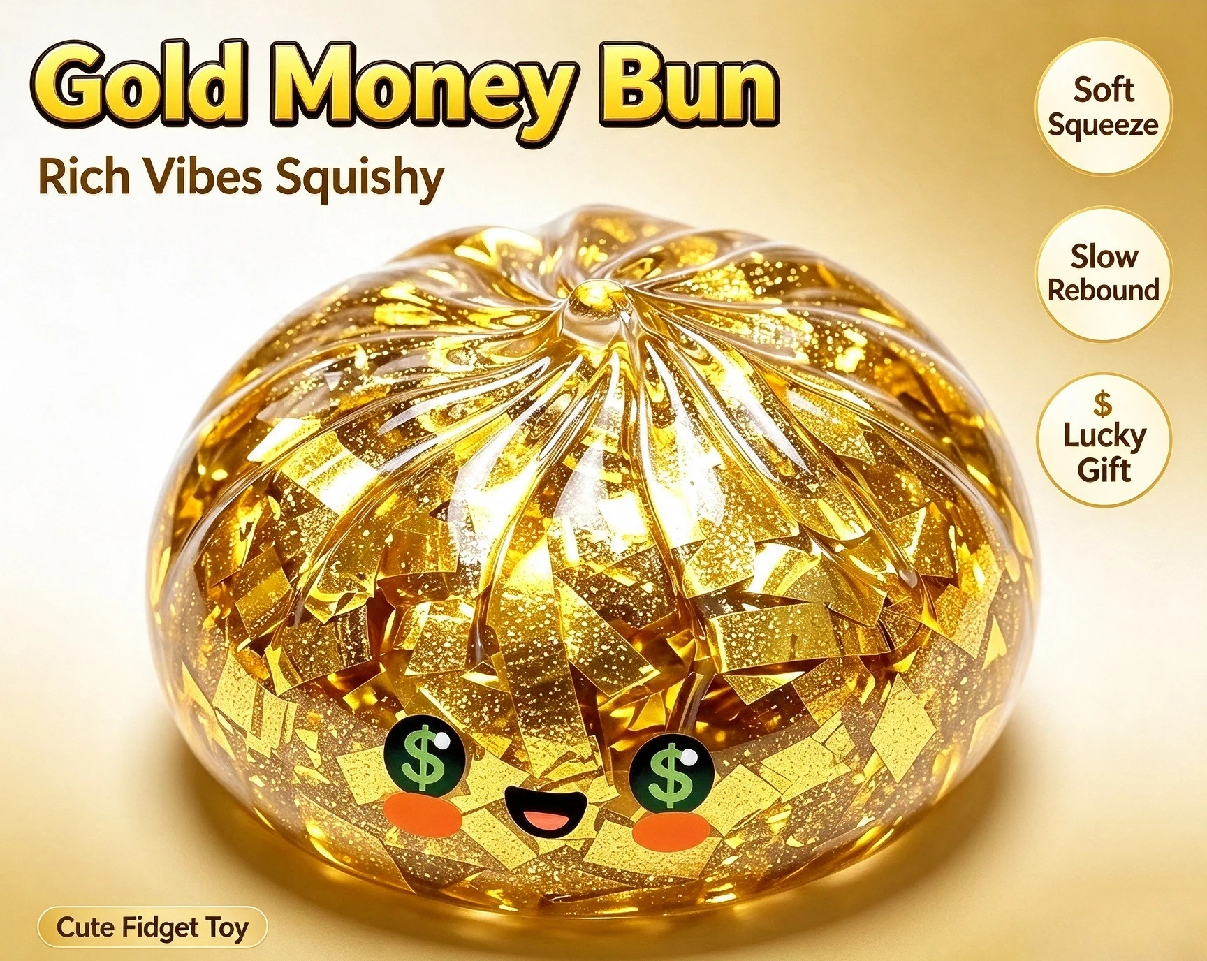 Gold Money Bun Squishy Fidget Toy, Glitter Transparent Bun Squeeze Toy, Slow Rebound Sensory Stress Relief Toy for Kids Adults