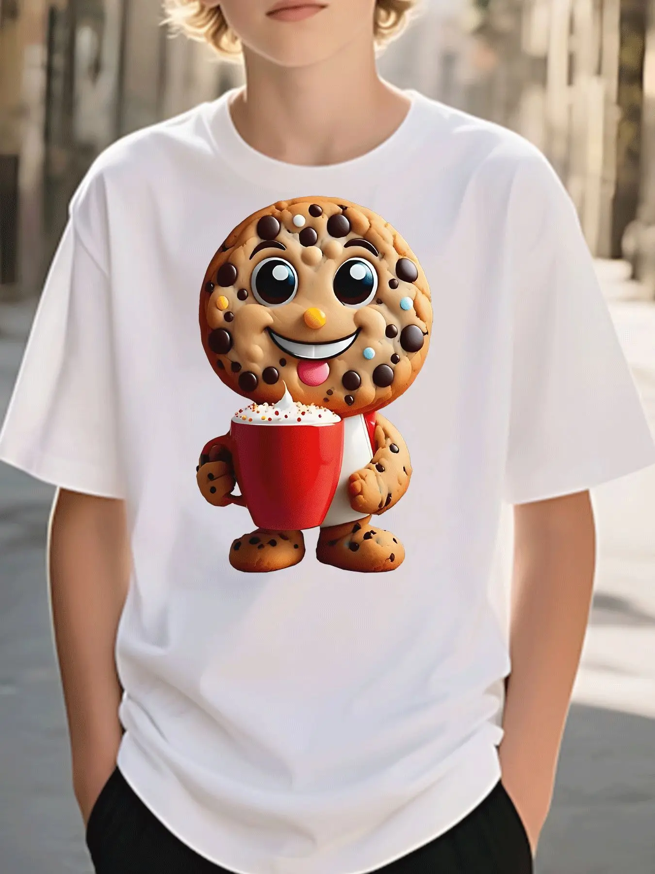 Summer Leisure Trend for Children Happy Chocolate T-shirt Holding A Red Coffee Cup, Summer Holiday Gift, Daily Parent-child Wear