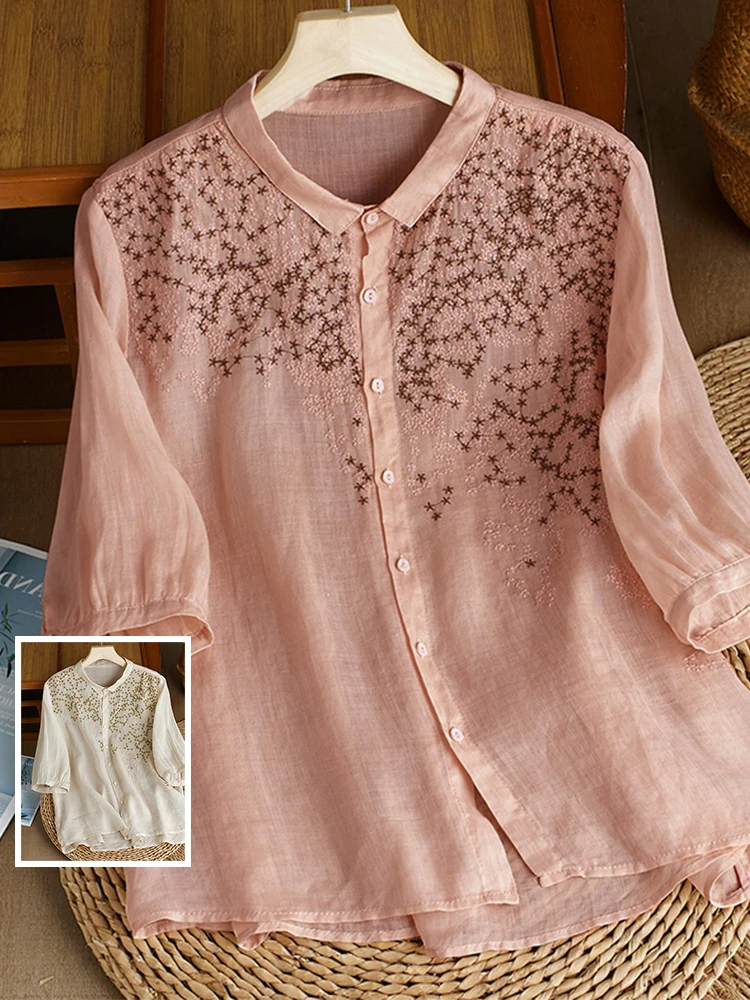 

Ele Embroidered Flax irt Thin Five-Quarter Sve с маленьким воротником, универсальный свободный женский модный летний топ