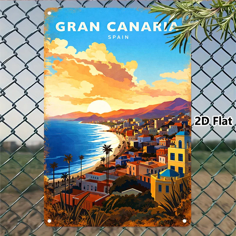 2D Flat, 1pc Gran Canaria Spain Tinplate Painting Wall Art for Living Room Bedroom Hallway Kitchen Decoration Gift for Him or He