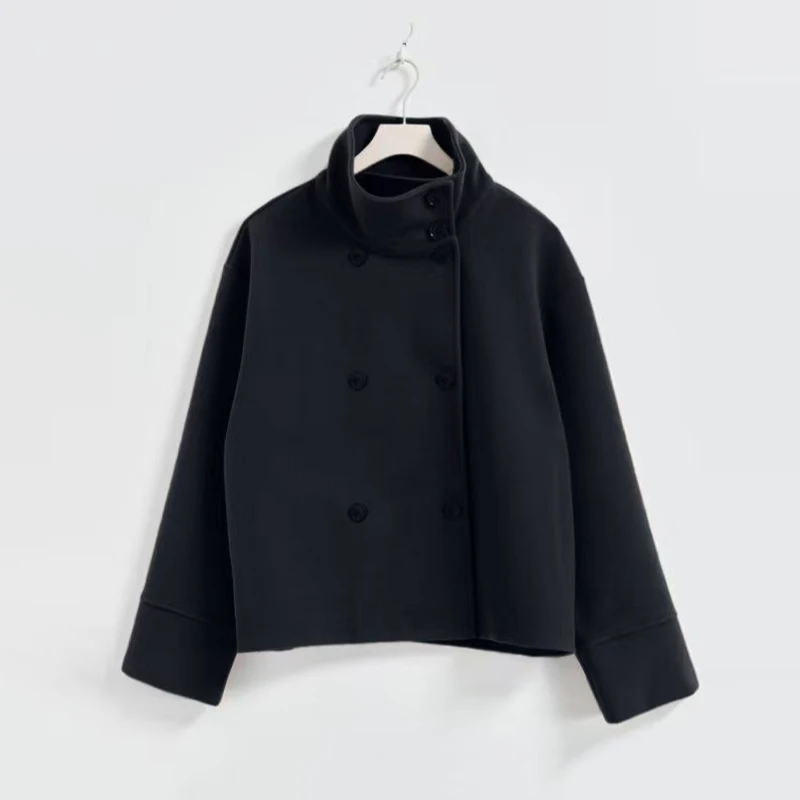 جديد الخريف المرأة الصوفية معطف قصير مزدوجة الصدر الوقوف طوق سترة سيدة الموضة شيك ملابس خارجية الشتاء الإناث الشارع معاطف