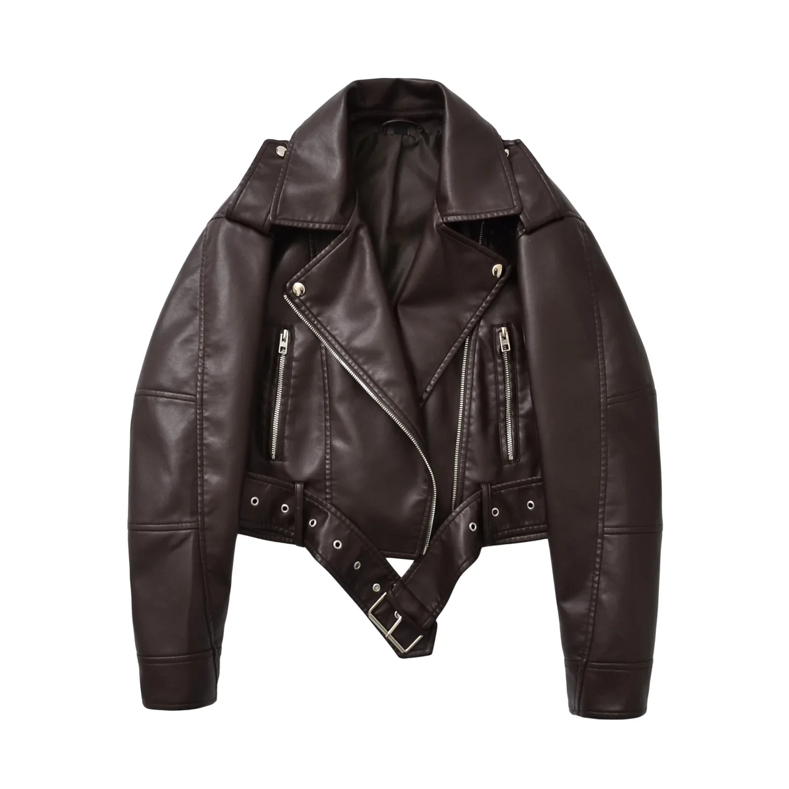 Spring Autumn Women Faux Pu Leather Short Jacket with Belt Motorcycle Biker Female Zipper Lapel Loose Coat Outwear Women
