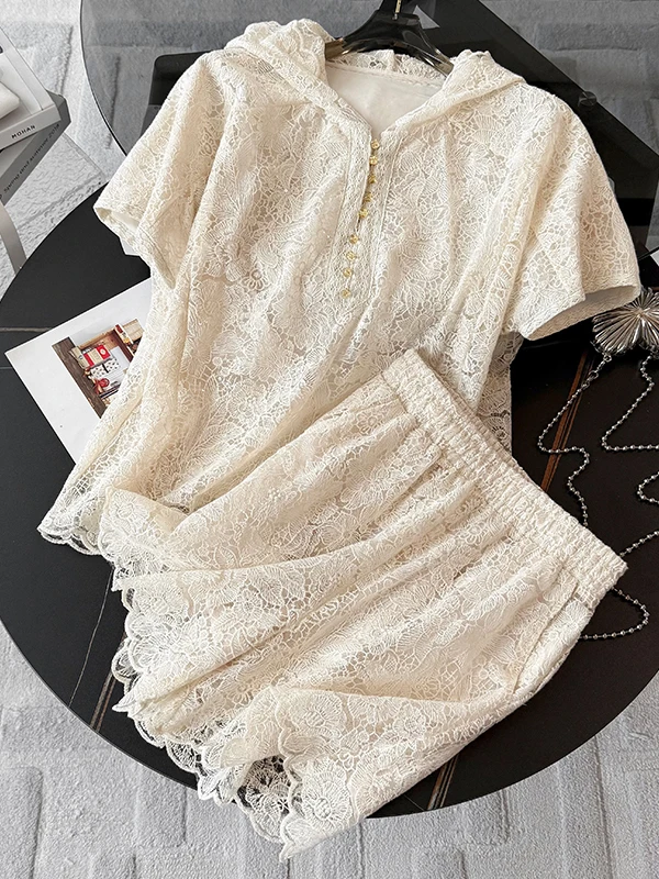 

Elegant Lace Short Sleeve Top And Shorts Set for Women Casual Fashion High End Precise Airy Two Piece Suit Cotton Material