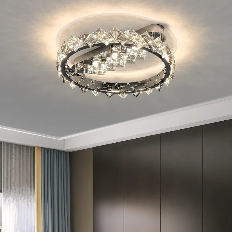 2025 Modern Luxury Foyer Led Dimmable Ceiling Lights Lustre Gray Crystal Living Room Luminarias Bedroom Chrome Ring Ceiling Lamp