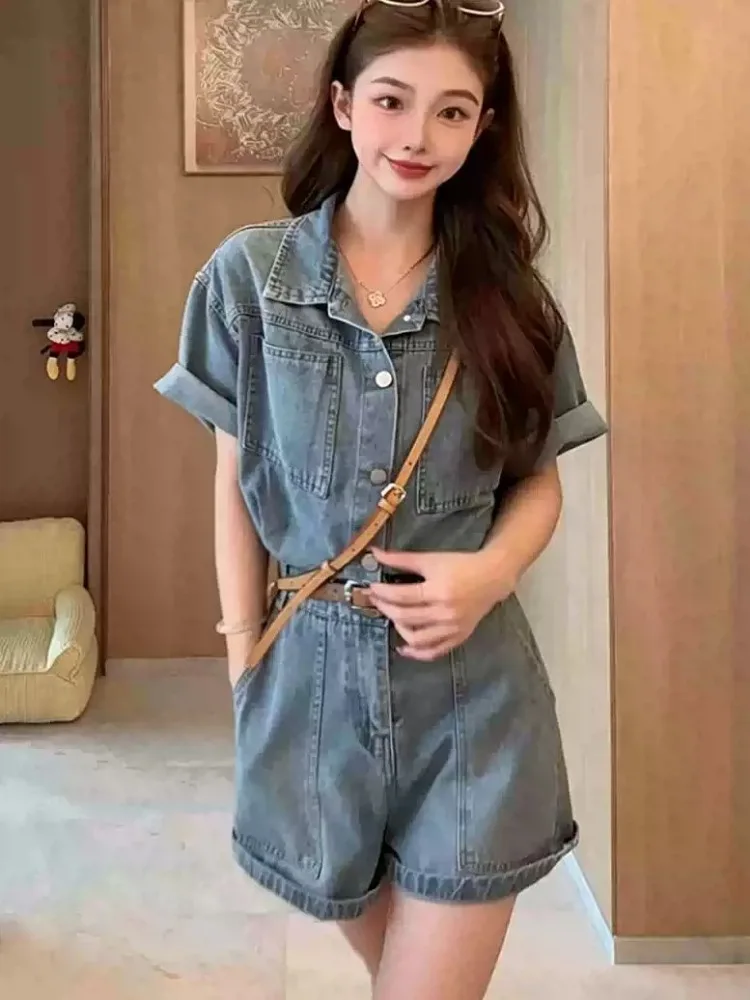 Retro T-shirt Cowboy Bodysuit Summer Jumpsuit Set Women Button Rompers Button Jeans Shorts Dress Blue Festival Outfit Romper