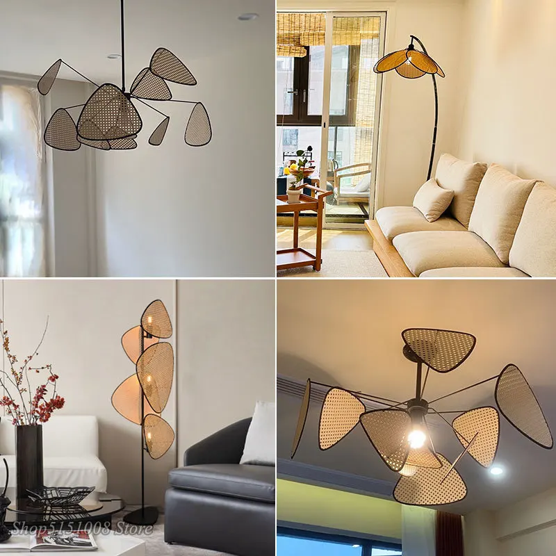 Modern Art LED Pendant Light Leaf Grid Rural Handmade Rattan Screen Chandeliers Nordic Restaurant Living Room Home Decor