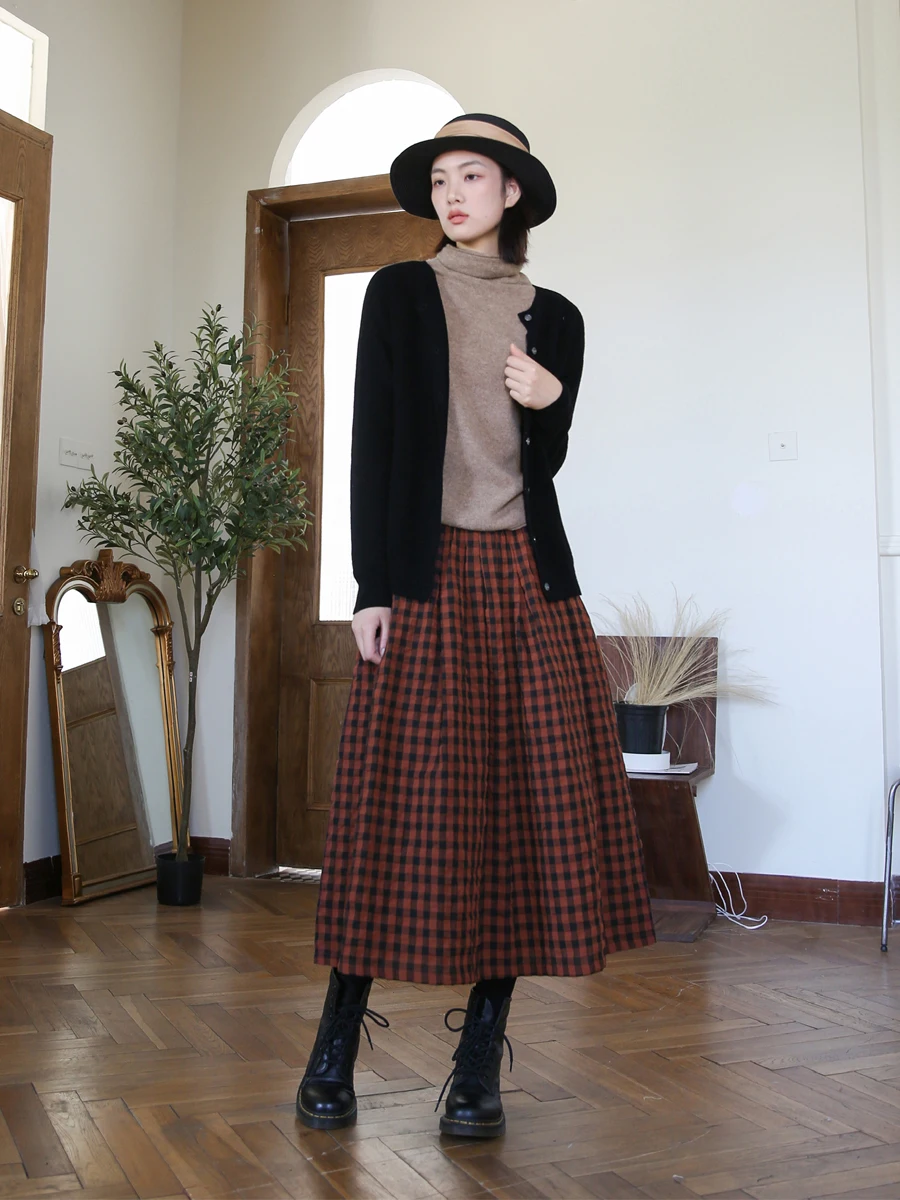 

2026 New Pure Cotton Plaid A-Line Midi Skirt Autumn Winter Versatile Large Hem Long Slimming Mid-Length f Skirt