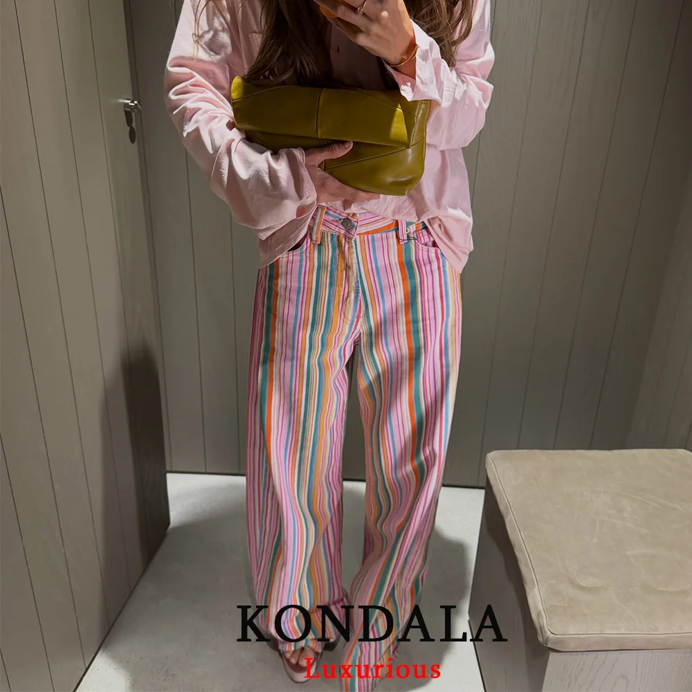 KONDALA Streetwear Damen Regenbogen-Streifen-Hose Damen Weite Bein-Hose mit Taschen Denim Damen Hose Mode 2026 Herbst Y2K Mädchen Partyhose – Detail 9