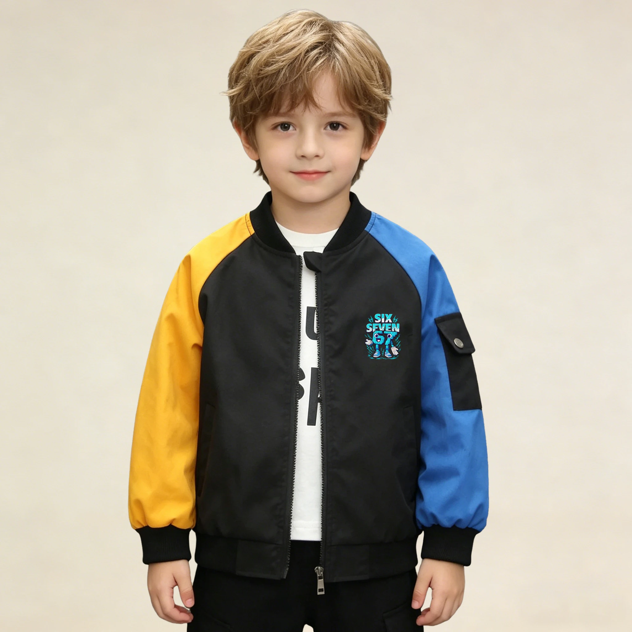 Kids 67 Number Meme Bomber Jacket Italian Brainrot Inspired Cartoon Baseball Coat Casual Colorblock Windbreaker for Boys Girls